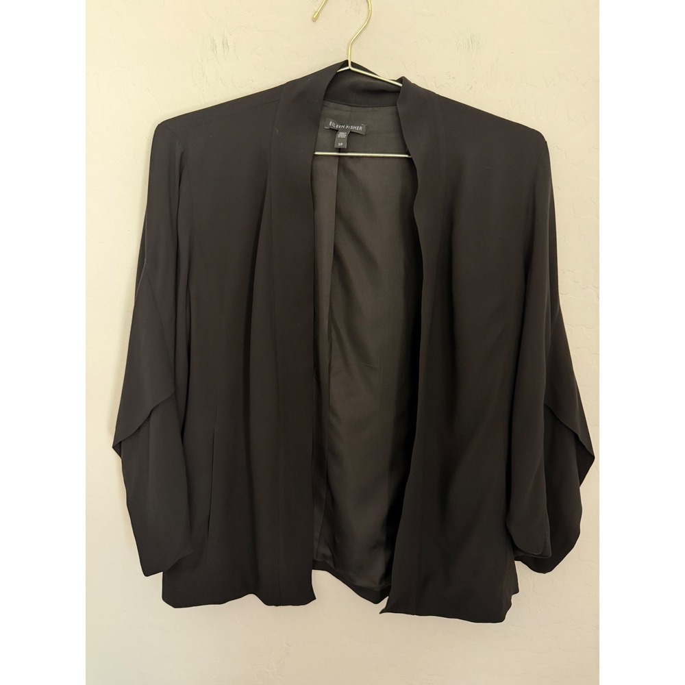 Eileen Fisher Black 100% Silk Open Front Blazer Tulip Sleeve Jacket Small S/P